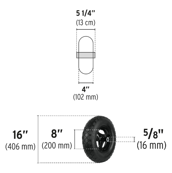 Llanta reforzada,16"con rin,eje, baleros p/carretilla, Pretu