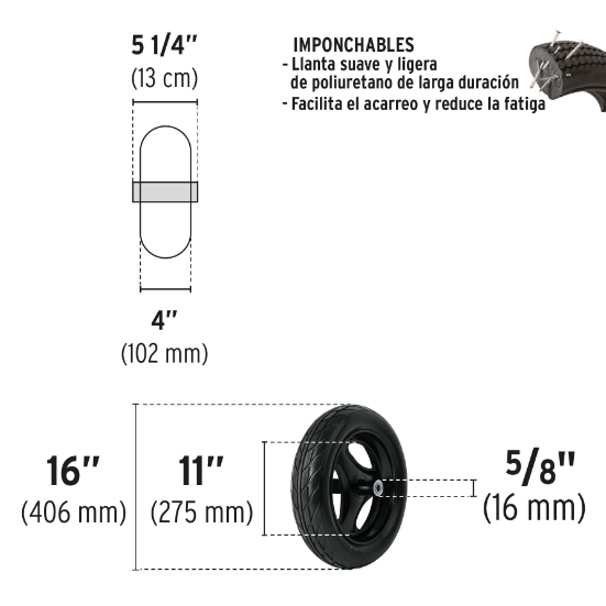 Llanta imponchable,16" con rin,eje y baleros para carretilla