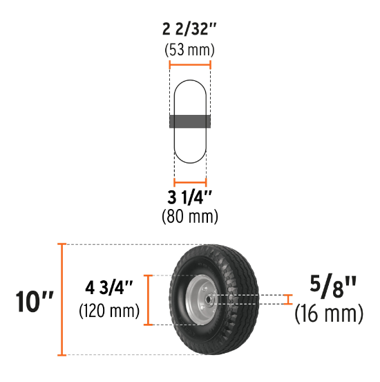 Llanta imponchable con eje lateral, 10"