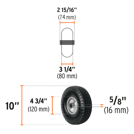 Llanta imponchable con eje central, 10"
