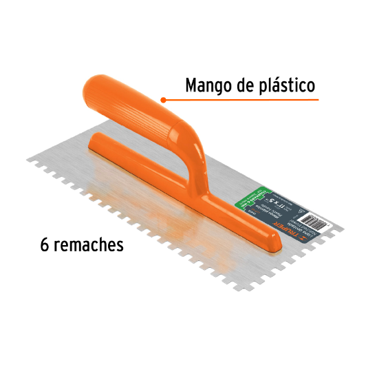 Llana, mango plástico, canto dentado cuadrado,6 remaches,11"