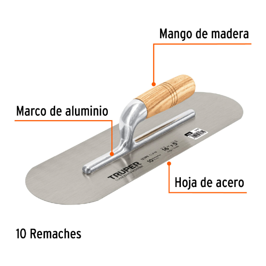 Llana, mango madera, canto redondo, 10 remaches, 16"