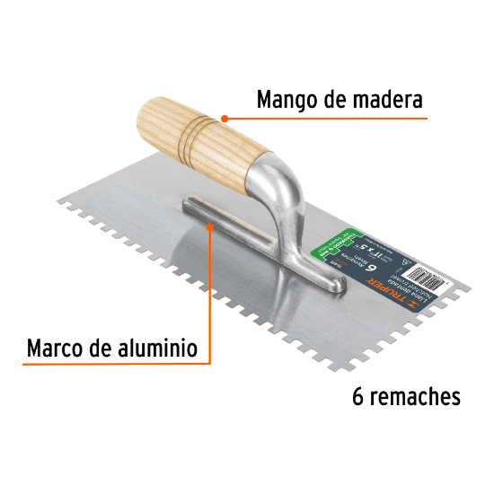 Llana, mango madera, canto dentado cuadrado, 6 remaches, 11"