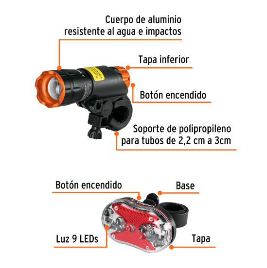 Linternas para bicicleta, delantera y trasera, kit 2 piezas