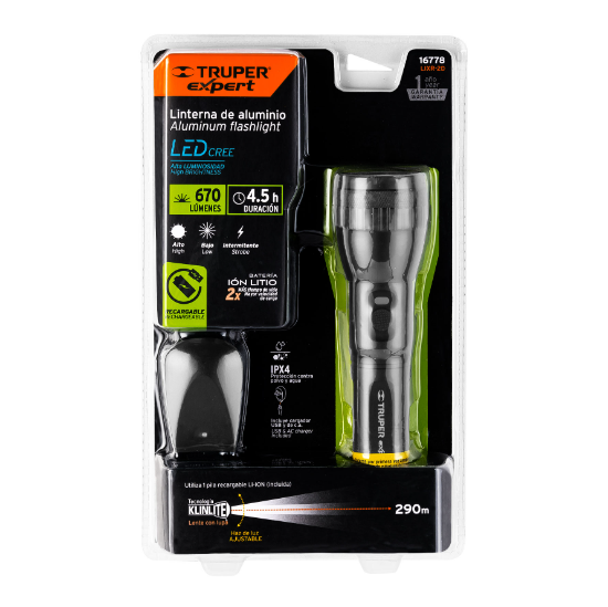 Linterna recargable, led cree, 300 lm, con 2 pilas D