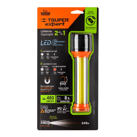 Linterna recargable con luz emergencia, 480lm, Truper Expert
