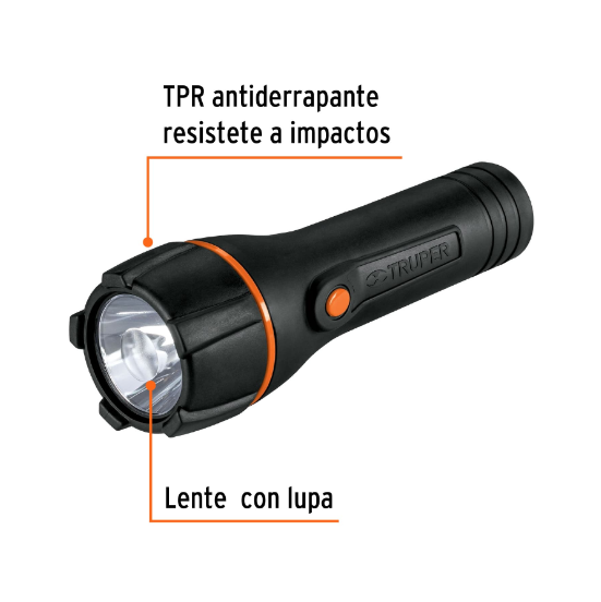 Linterna plástica, LED, luz directa, 2 pilas D, 180 Lm
