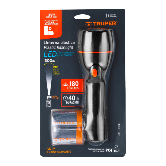 Linterna plástica, LED, luz directa, 2 pilas D, 180 Lm