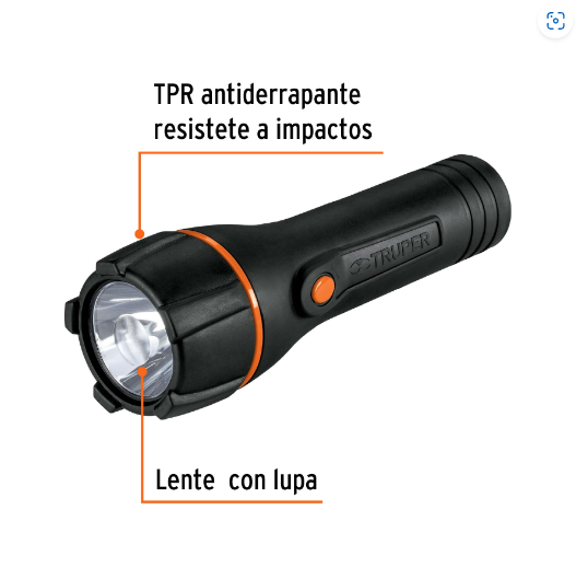 Linterna plástica, LED, luz directa, 2 pilas AA, 80 Lm