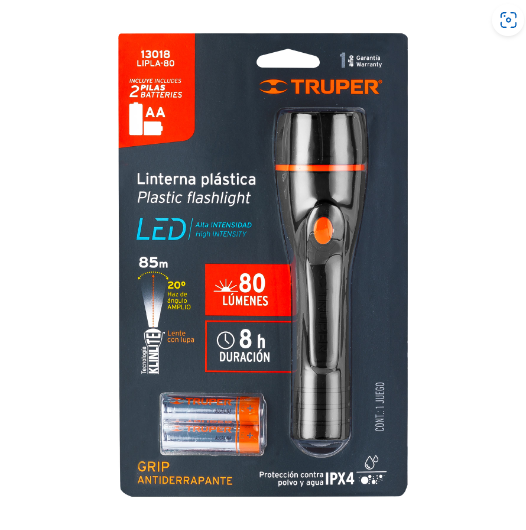 Linterna plástica, LED, luz directa, 2 pilas AA, 80 Lm