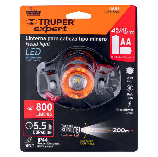 Linterna para cabeza, 4 pilas AA, 800 lúmenes, 1 LED, Expert