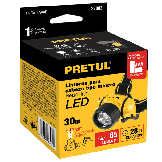 Linterna para cabeza, 3 pilas AAA, 28 lúmenes, 3 LED, Pretul
