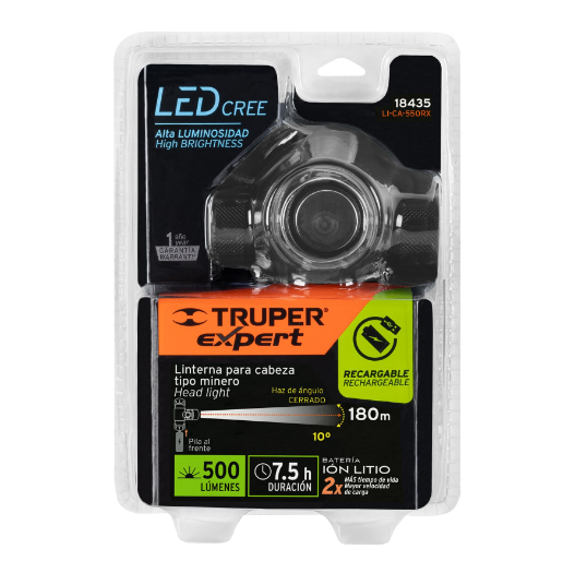 Linterna para cabeza, 250 lúmenes, 1 Led, recargable