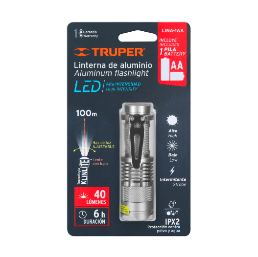 Linterna de aluminio con 1 pila AA, 40 lúmenes, 1 LED