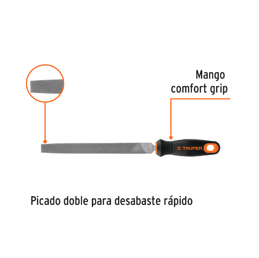 Lima plana, bastarda, 8" con mango doble inyección