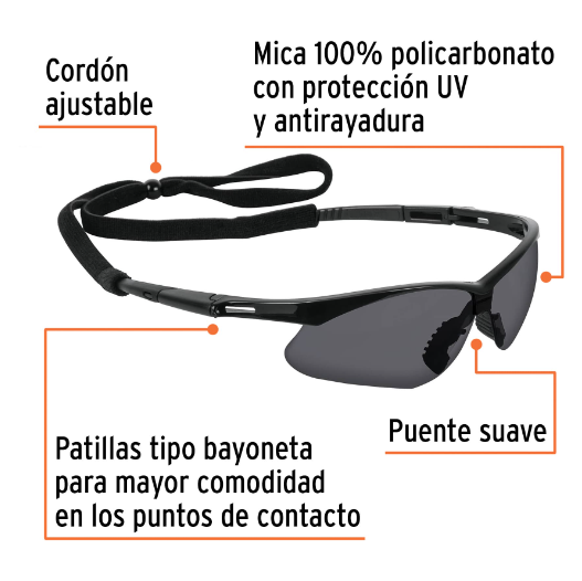 Lentes mica gris antiempaño con sujeta lentes, Sport