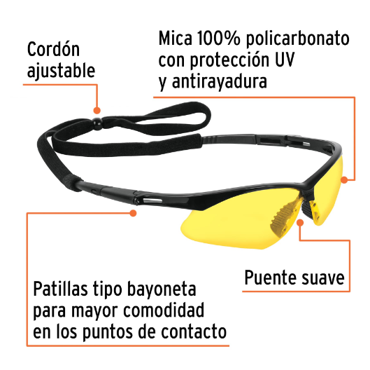 Lentes mica ambar antiempaño con sujeta lentes, Sport