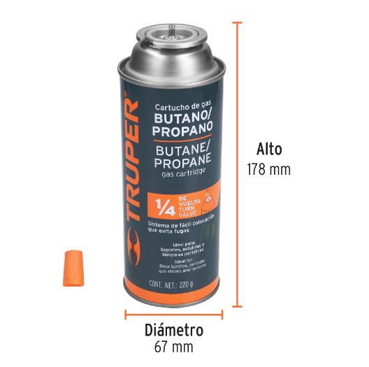 Lata de gas, 220 gr, 1/4 de vuelta