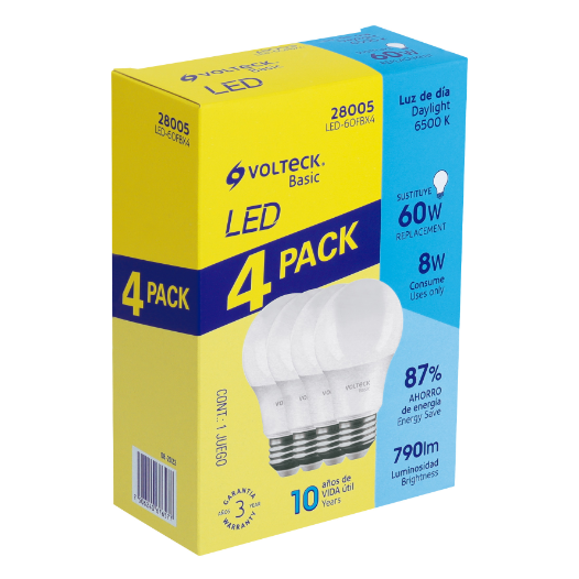Lámpara LED,A19,8W,luz de día,Volteck Basic, 4 pzas en caja