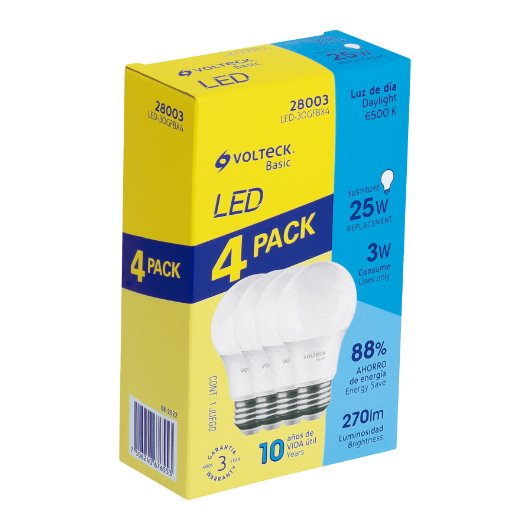 Lámpara LED,A19,3W,luz de día,Volteck Basic, 4 pzas en caja