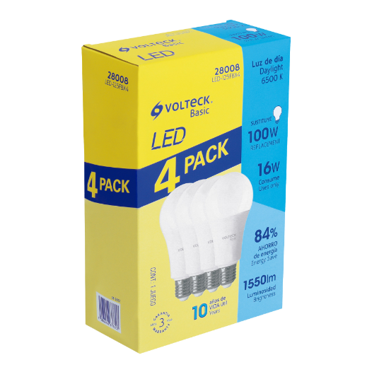 Lámpara LED,A19,16W,luz de día,Volteck Basic, 4 pzas en caja