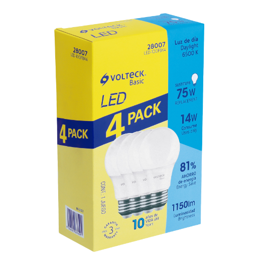 Lámpara LED,A19,14W,luz de día,Volteck Basic, 4 pzas en caja