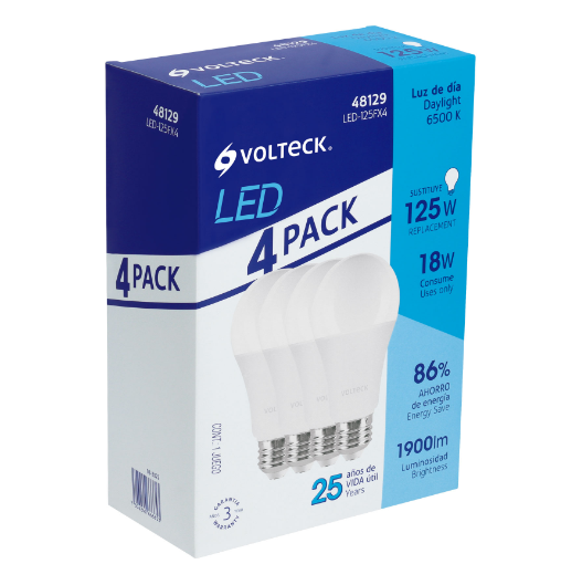 Lámpara LED tipo bulbo, A19, 18 W, luz de día, 4 pzas caja