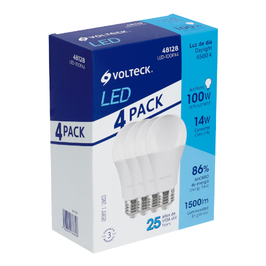 Lámpara LED tipo bulbo, A19, 14 W, luz de día, 4 pzas caja