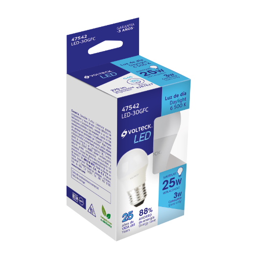 Lámpara LED tipo bulbo G45 3 W luz de día, caja, Volteck