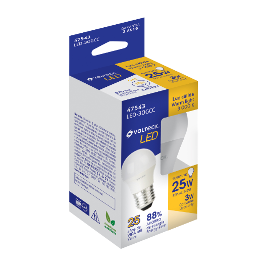 Lámpara LED tipo bulbo G45 3 W luz cálida, caja, Volteck