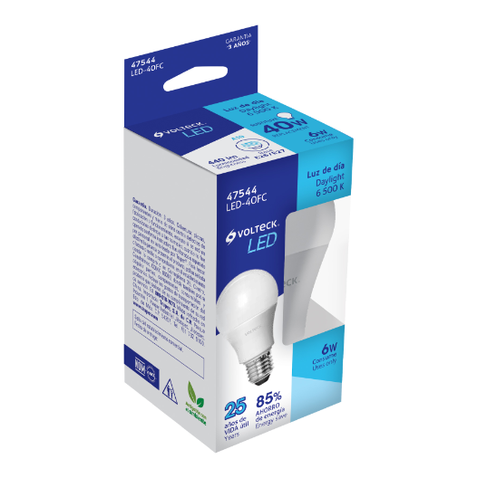 Lámpara LED tipo bulbo A19 6 W luz de día, caja, Volteck
