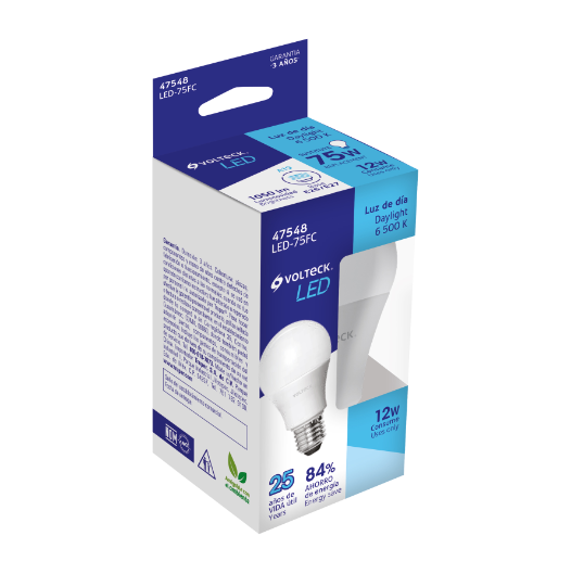 Lámpara LED tipo bulbo A19 12 W luz de día, caja, Volteck