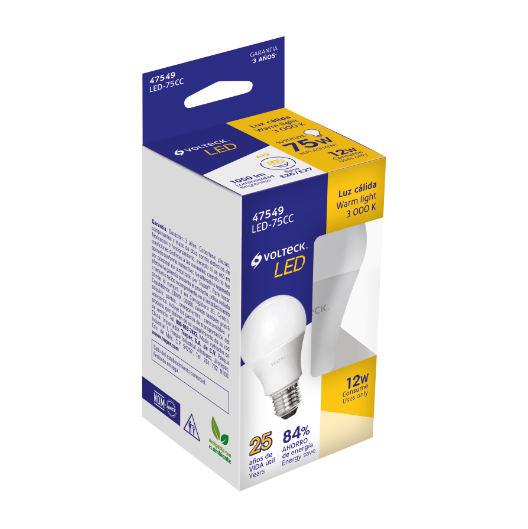 Lámpara LED tipo bulbo A19 12 W luz cálida, caja, Volteck