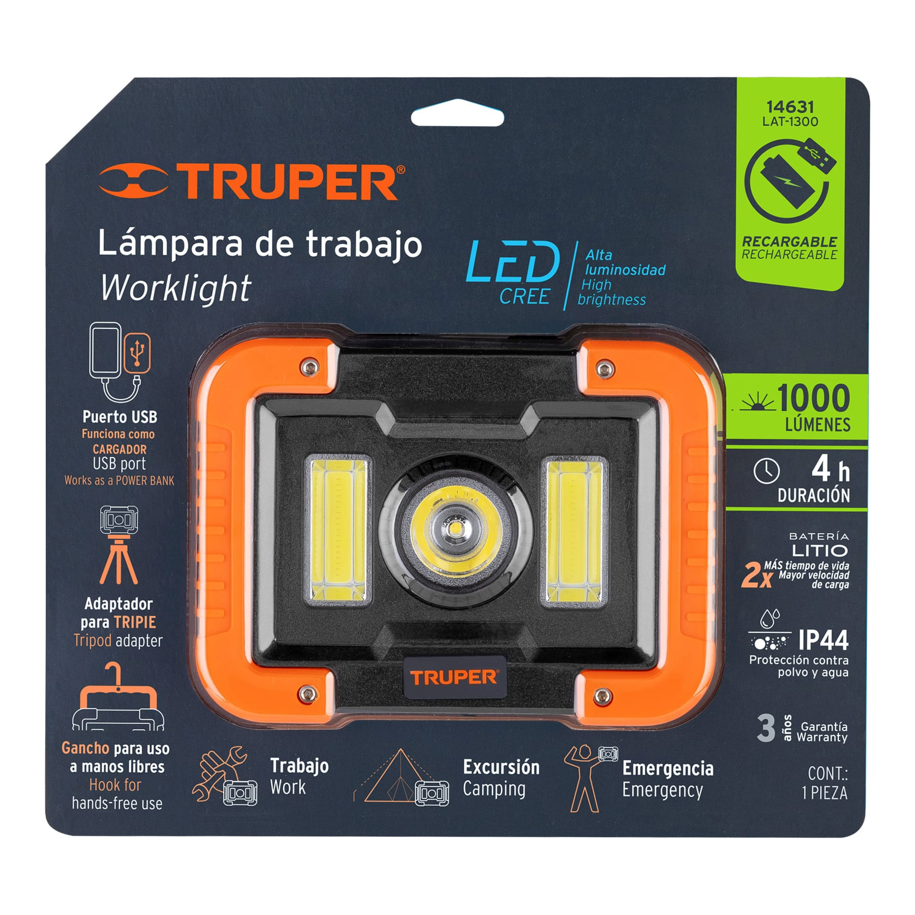 Lámpara de trabajo recargable de LEDs laterales y central
