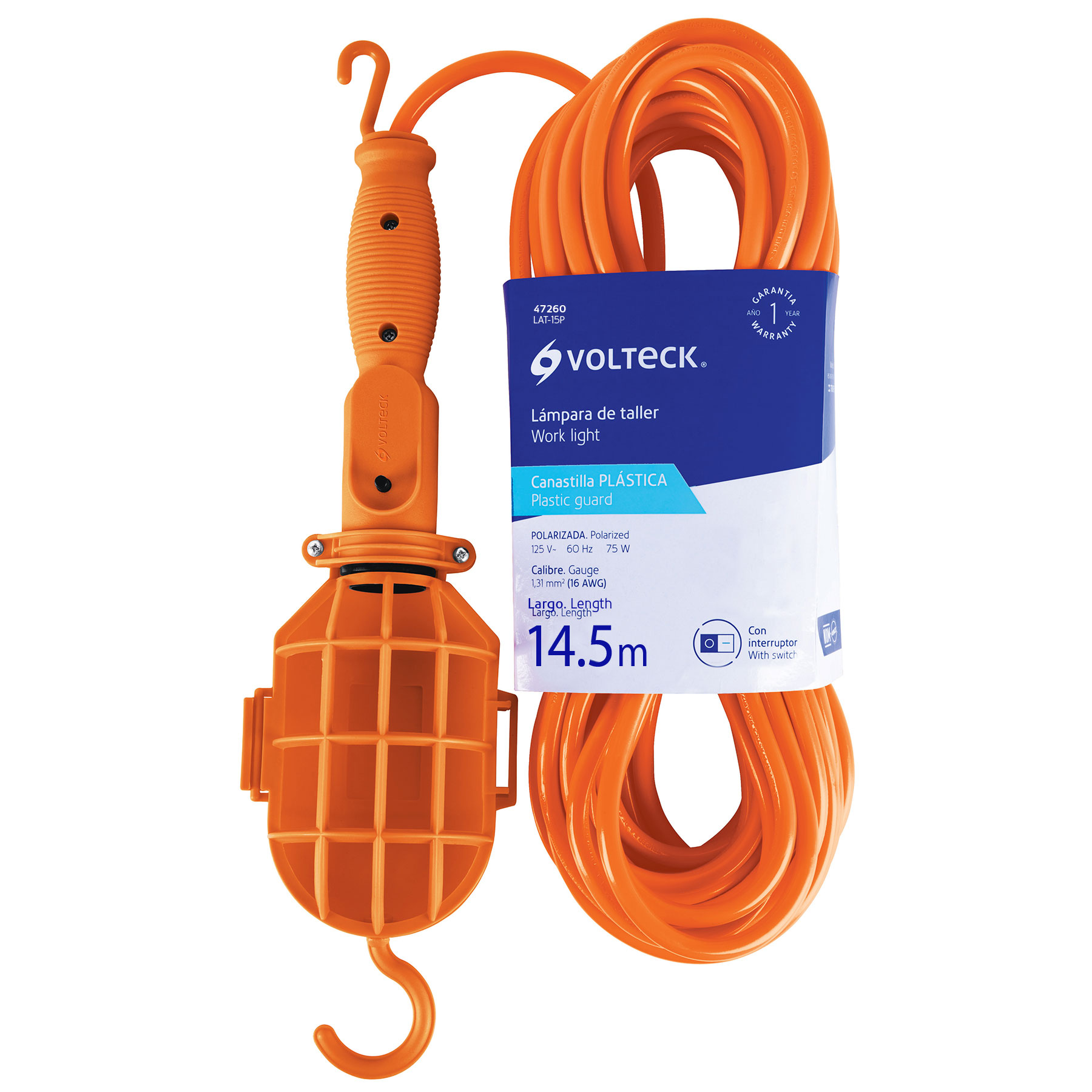 Lámpara de taller, cable de 15 m, plástica