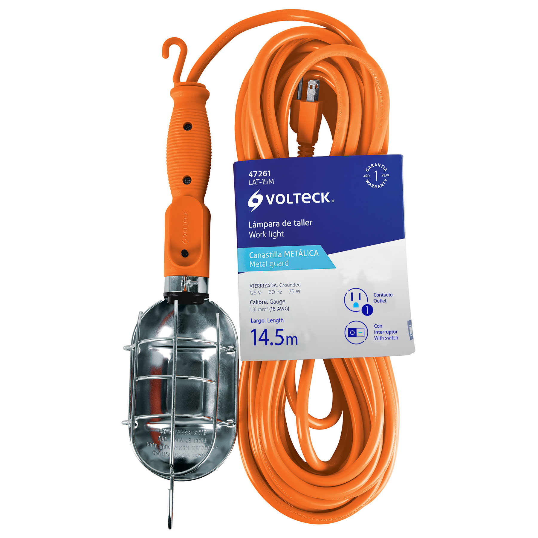 Lámpara de taller, cable de 15 m, metálica