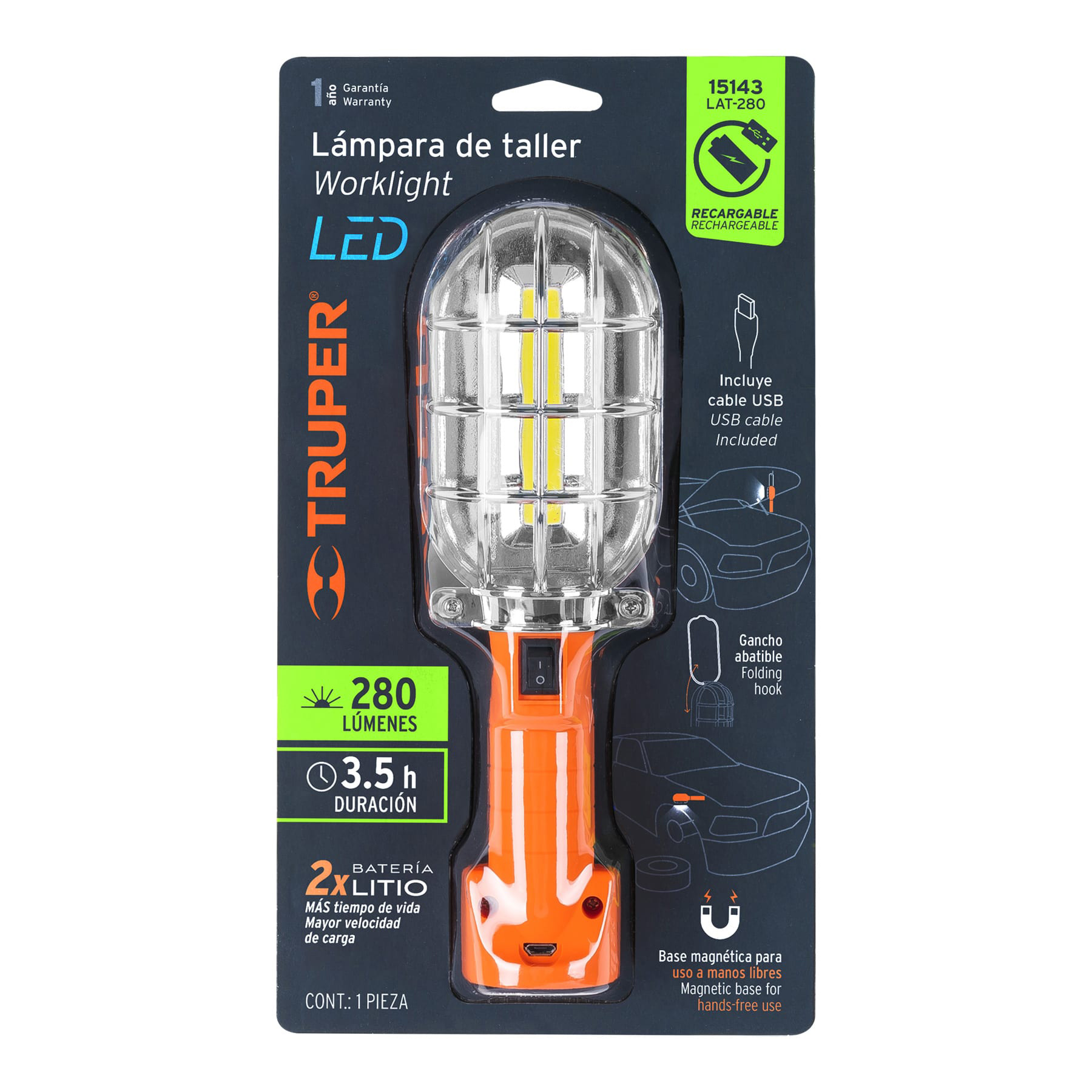 Lámpara de taller recargable de LED, 280 lúmenes