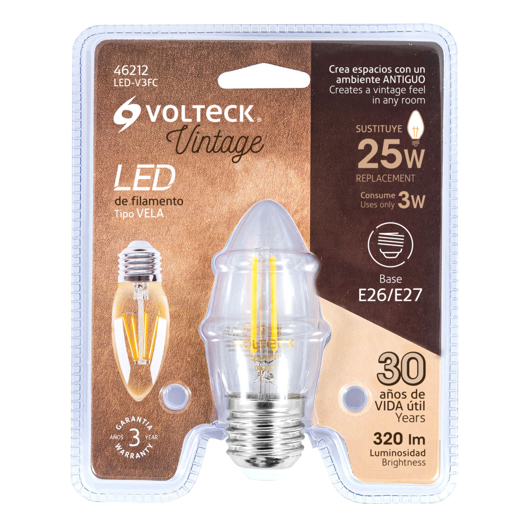 Lámpara de LED, estilo antiguo, vela, 3 W, E26, luz cálida
