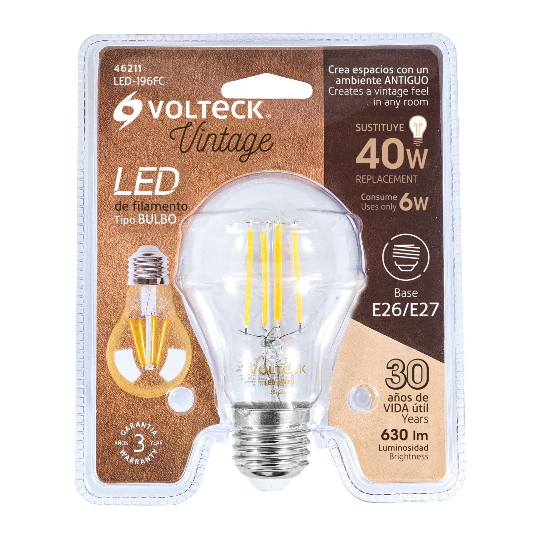 Lámpara de LED, estilo antiguo, A19, 6 W, E26, luz cálida