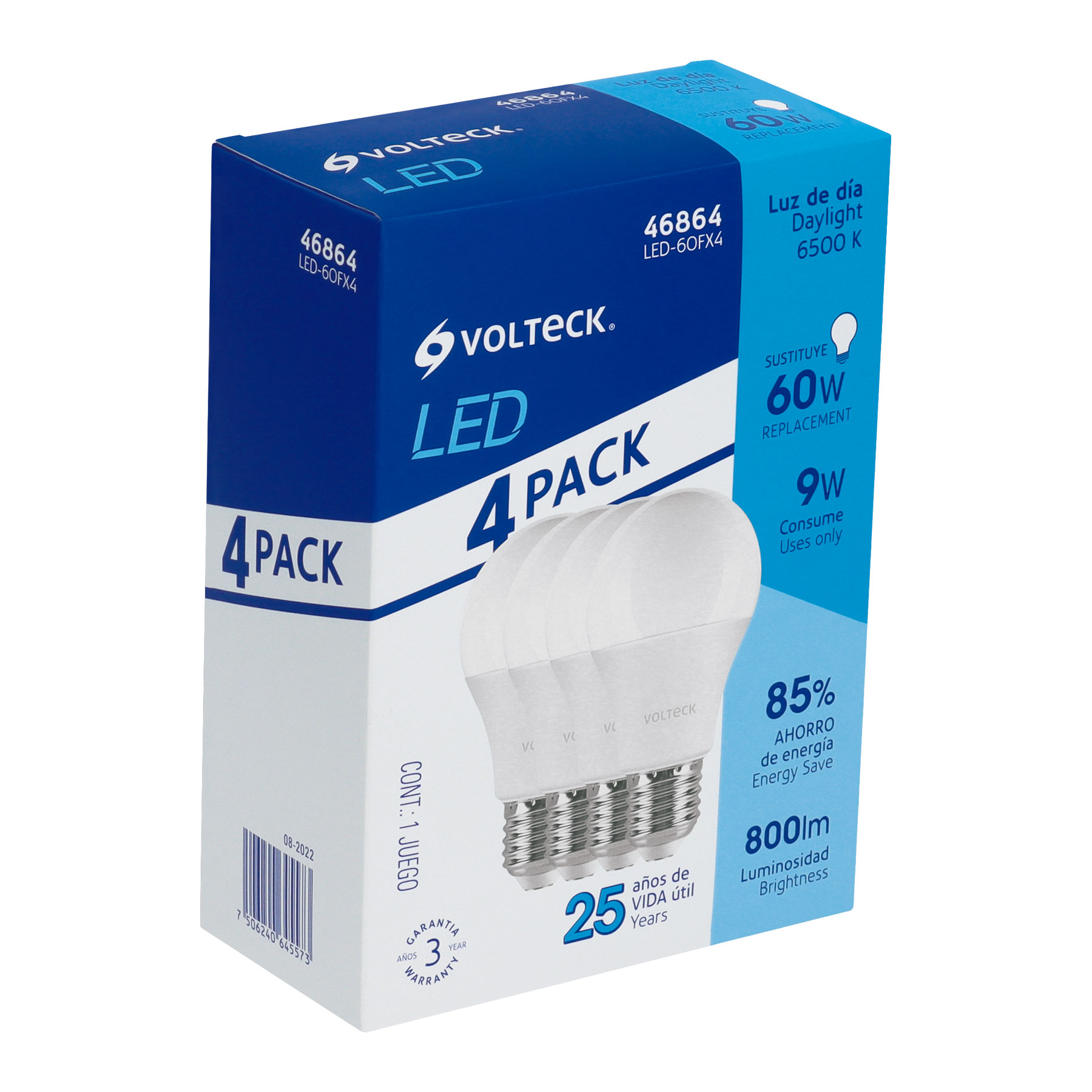 Lámpara de LED, A19, 9W, E27, luz de día, 4 piezas en caja