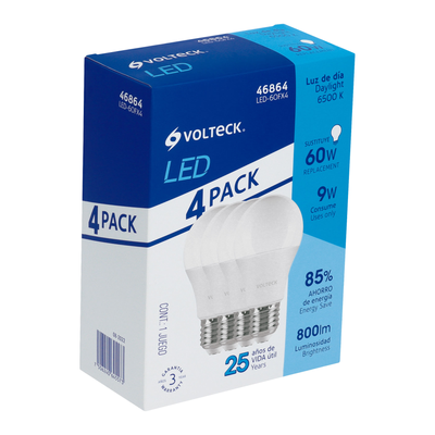 Lámpara de LED, A19, 9W, E27, luz de día, 4 piezas en caja