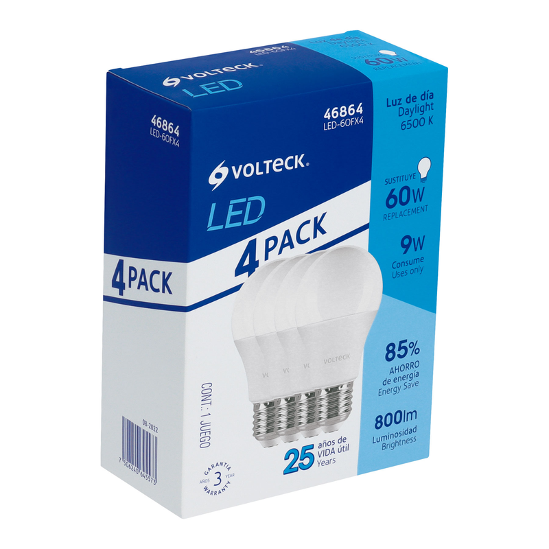 Lámpara de LED, A19, 9W, E27, luz de día, 4 piezas en caja