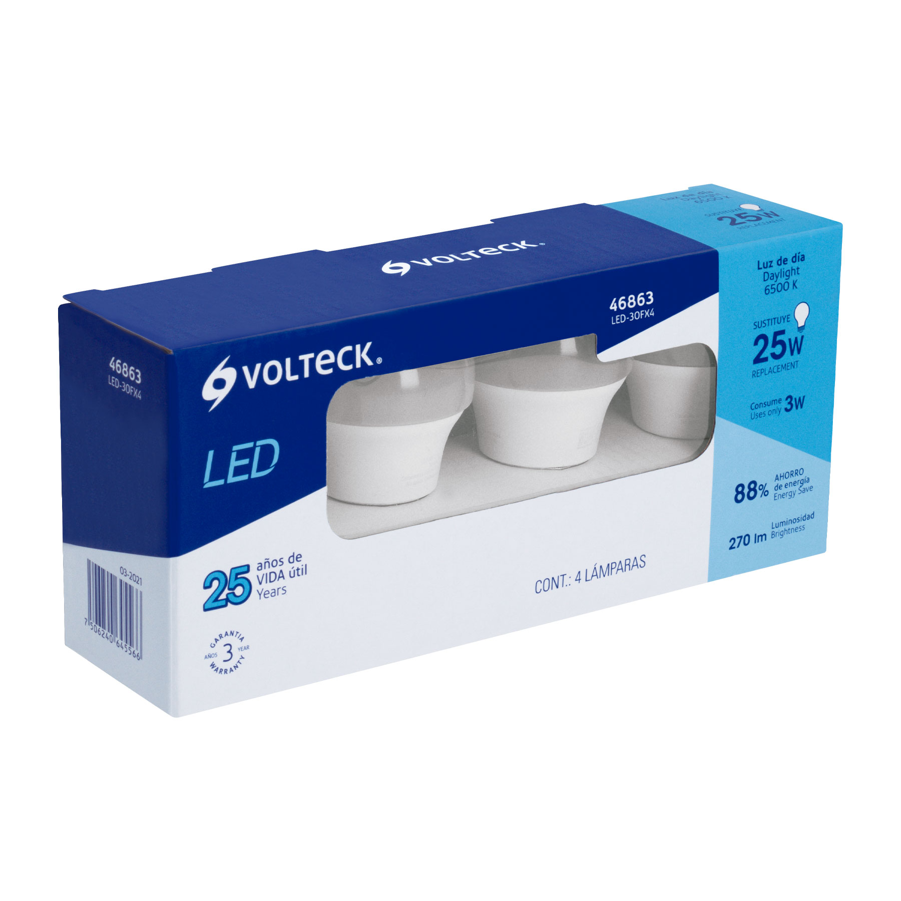Lámpara de LED, A19, 3W, E27, luz de día, 4 piezas en caja