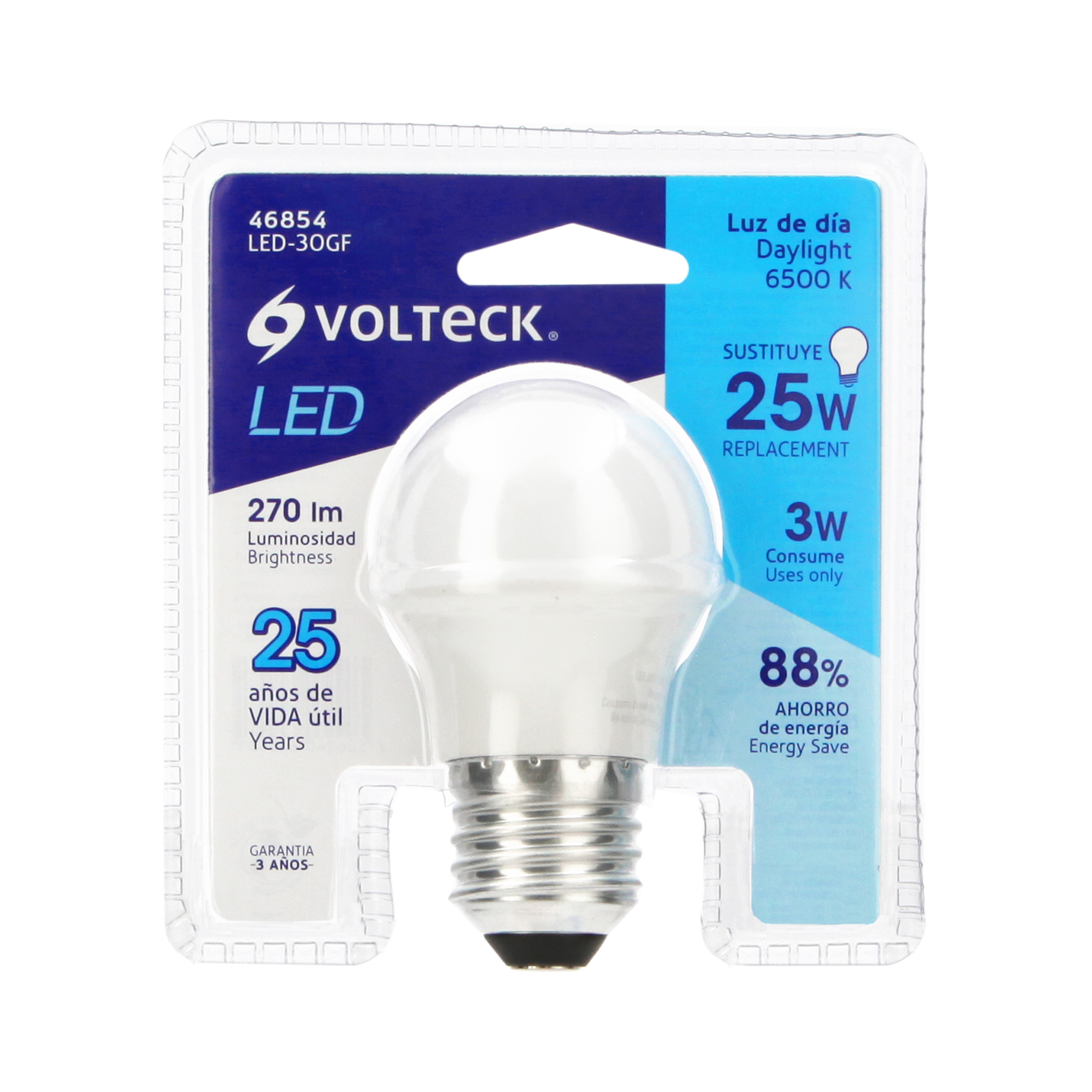 Lámpara de LED, A19, 3 W, luz de día