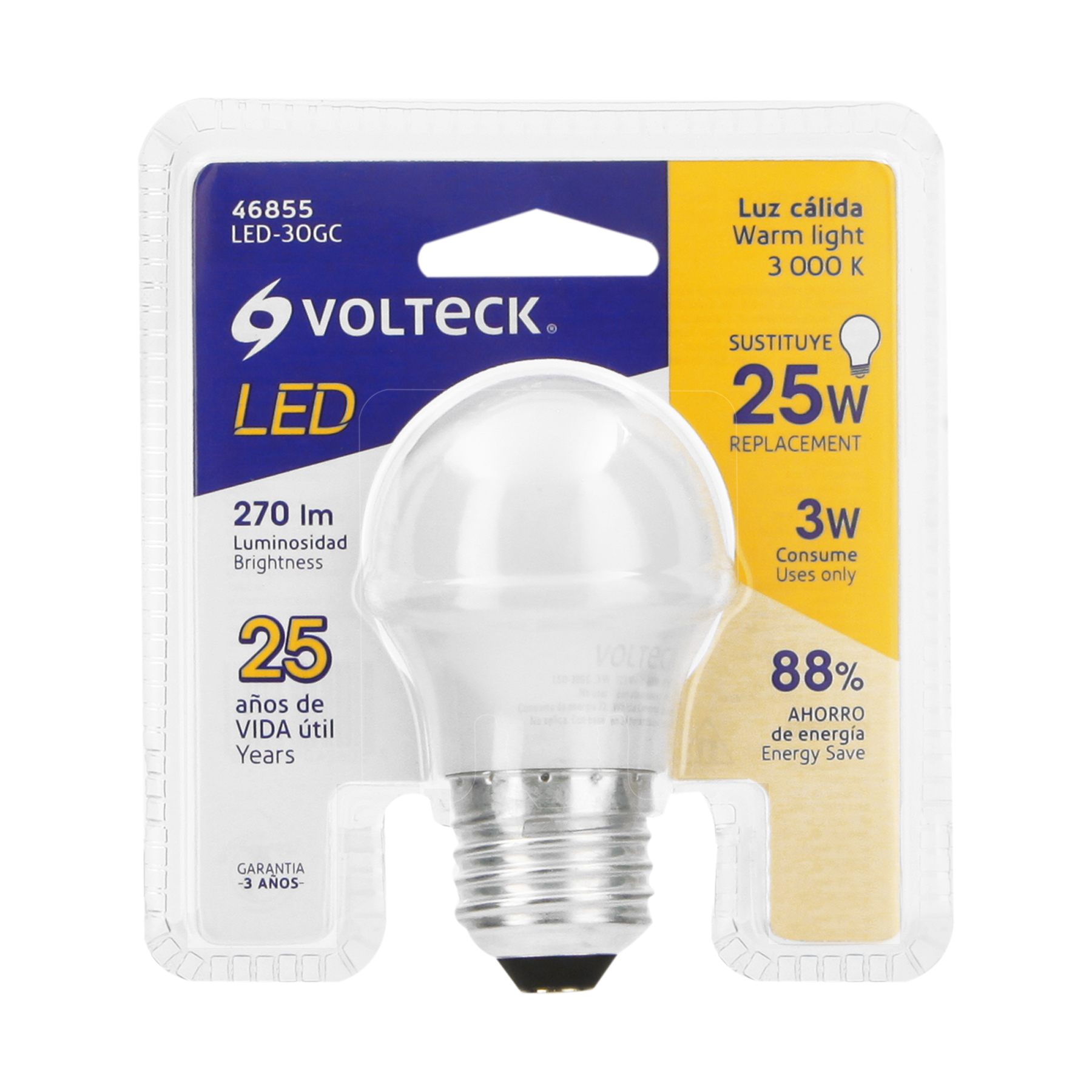 Lámpara de LED, A19, 3 W, luz calida