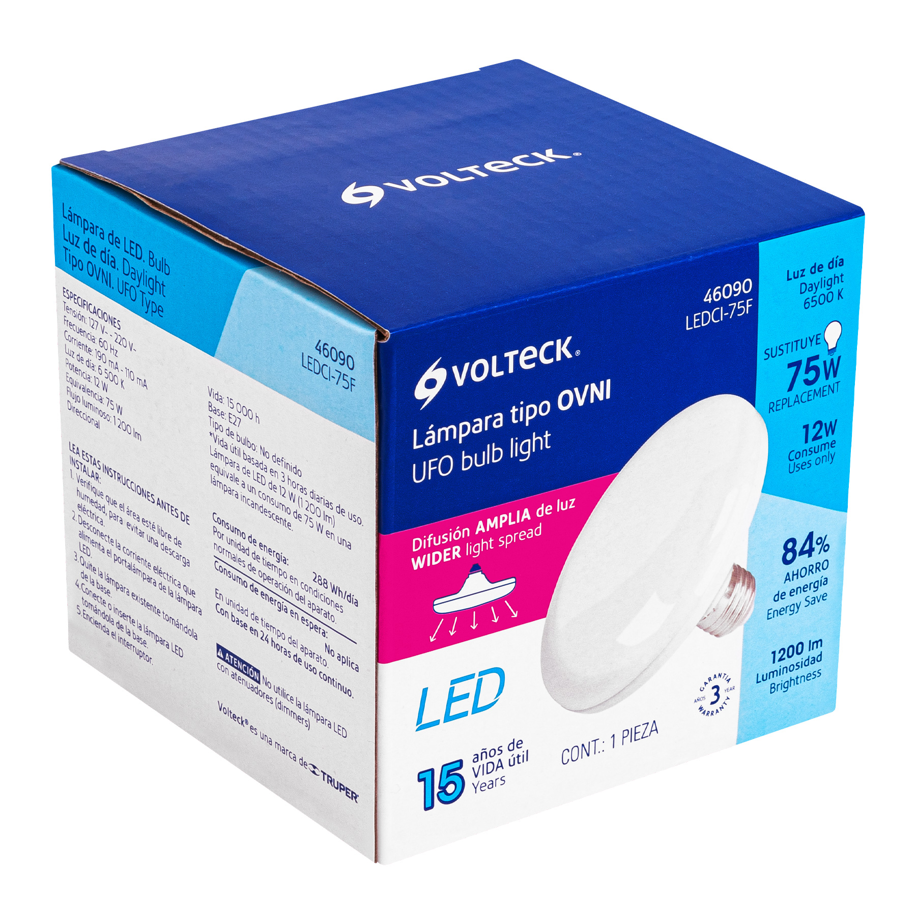 Lámpara circular de LED, A19, 12 W, luz de día