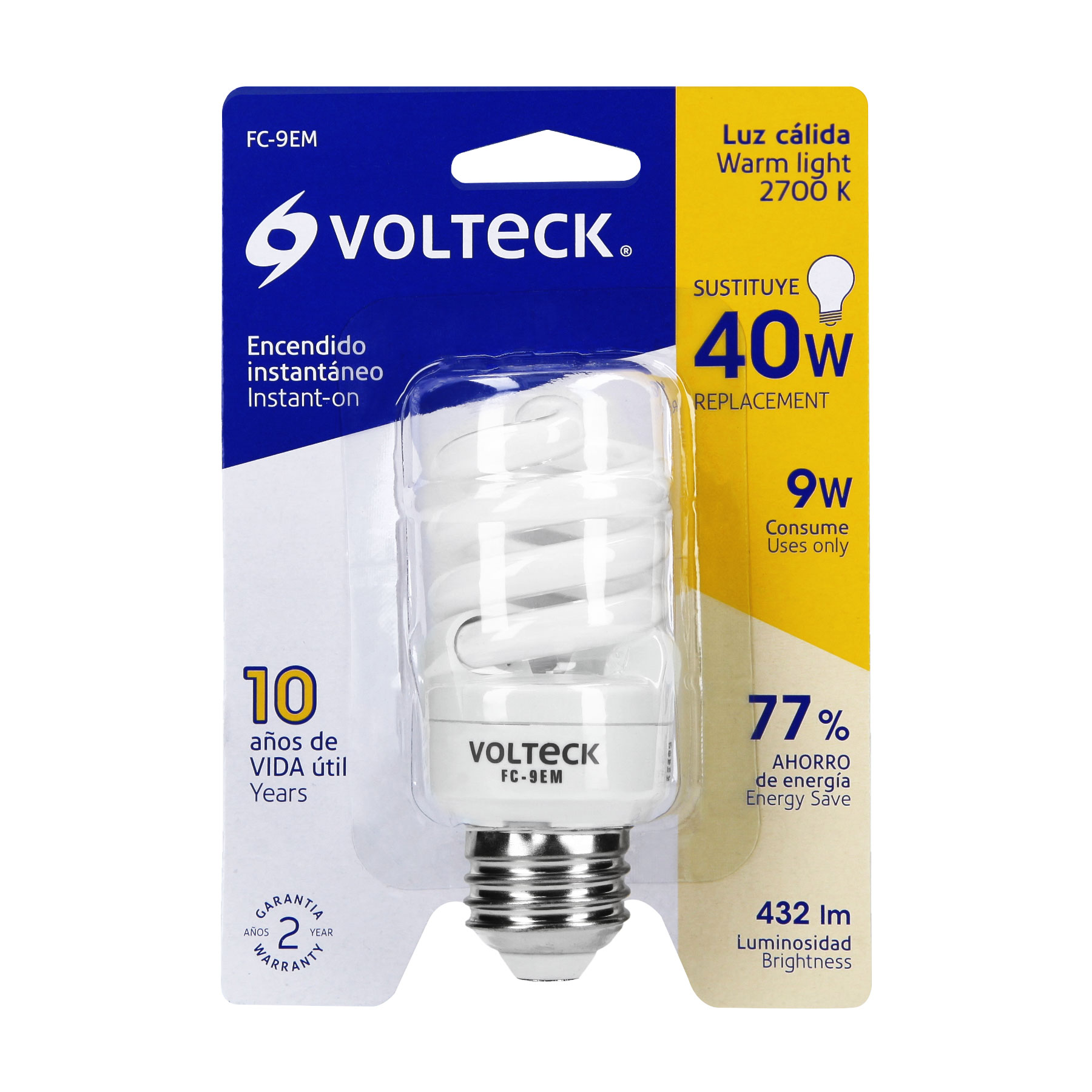 Lámpara 9 W, espiral mini, luz cálida, T2, en blister