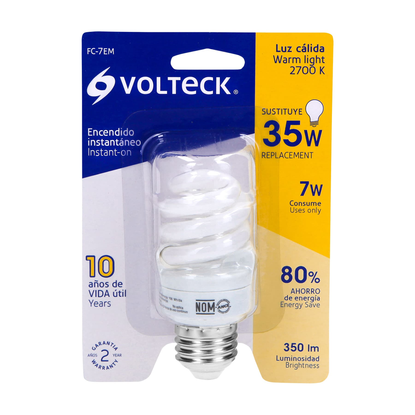 Lámpara 7 W, espiral mini, luz cálida, T2, en blister