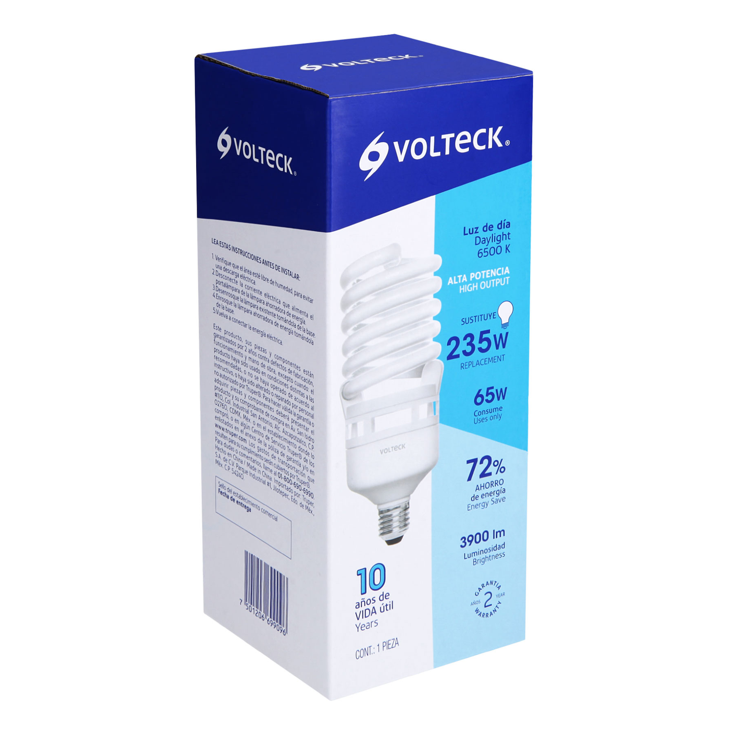 Lámpara 65 W, espiral, alta potencia, luz día, T4, en caja
