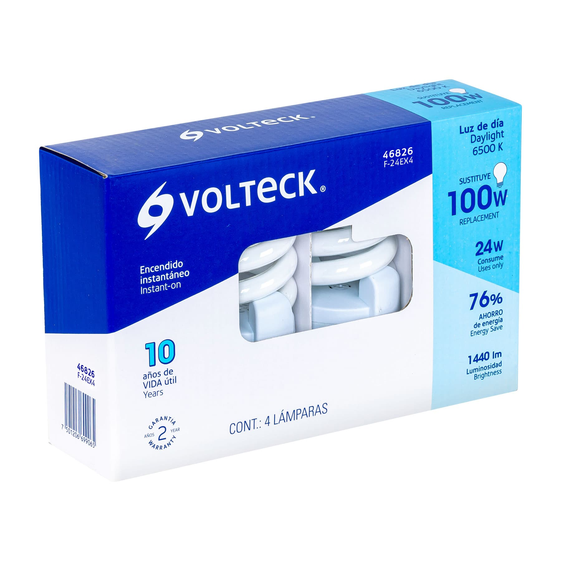 Lámpara 24 W, espiral, luz día, T4, en caja 4 piezas,Volteck